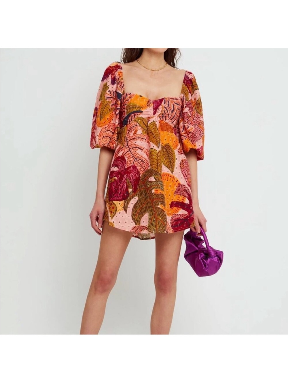 Square-Neck Puff Sleeve Mini Dress in Pink and Orange Tropical Print